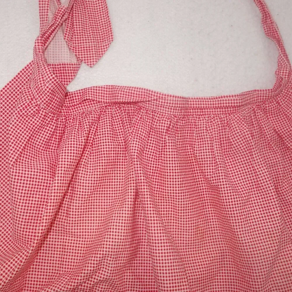 Vintage Embroidered Red White Gingham Half Skirt Apron Plaid